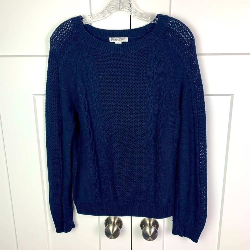 Pendleton LARGE women’s Cable Knit Sweater Lightweight Cotton Navy Blue